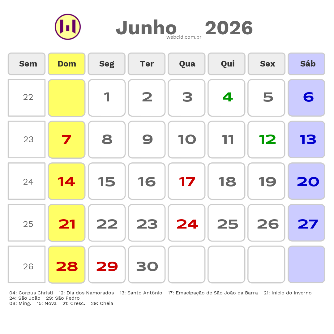 Calendário 2026 - Junho - São João da Barra-RJ com feriados e fases da lua