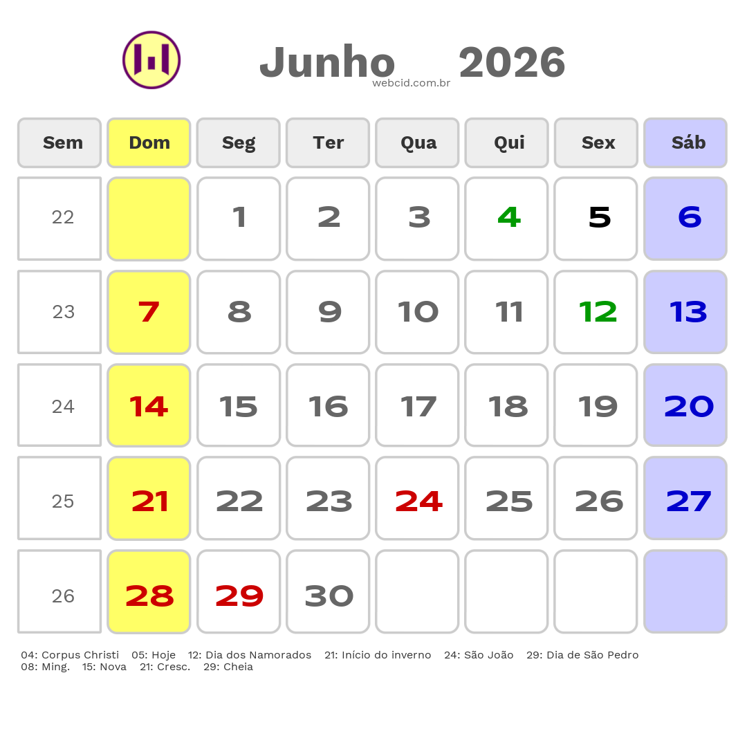 Calendário 2026 - Junho - Apodi-RN com feriados e fases da lua