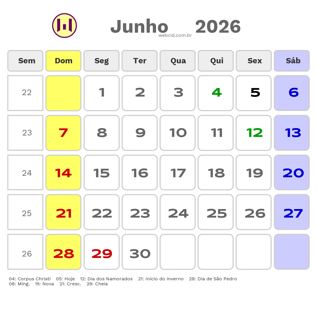 Calendário 2026 - Junho - São Gonçalo do Amarante-RN com feriados e fases da lua