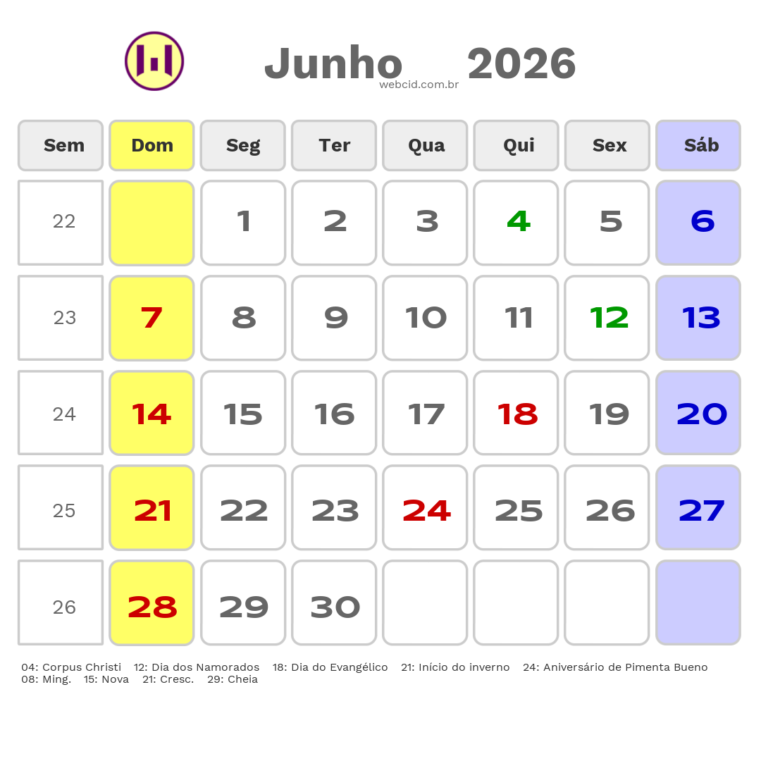 Calendário 2026 - Junho - Pimenta Bueno-RO com feriados e fases da lua