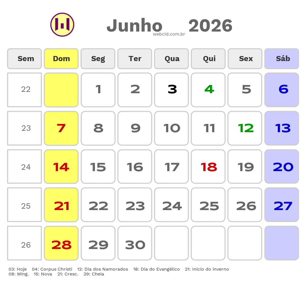 Calendário 2026 - Junho - Porto Velho-RO com feriados e fases da lua