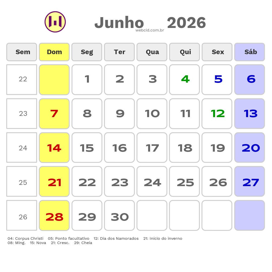 Calendário 2026 - Junho - Palhoça-SC com feriados e fases da lua