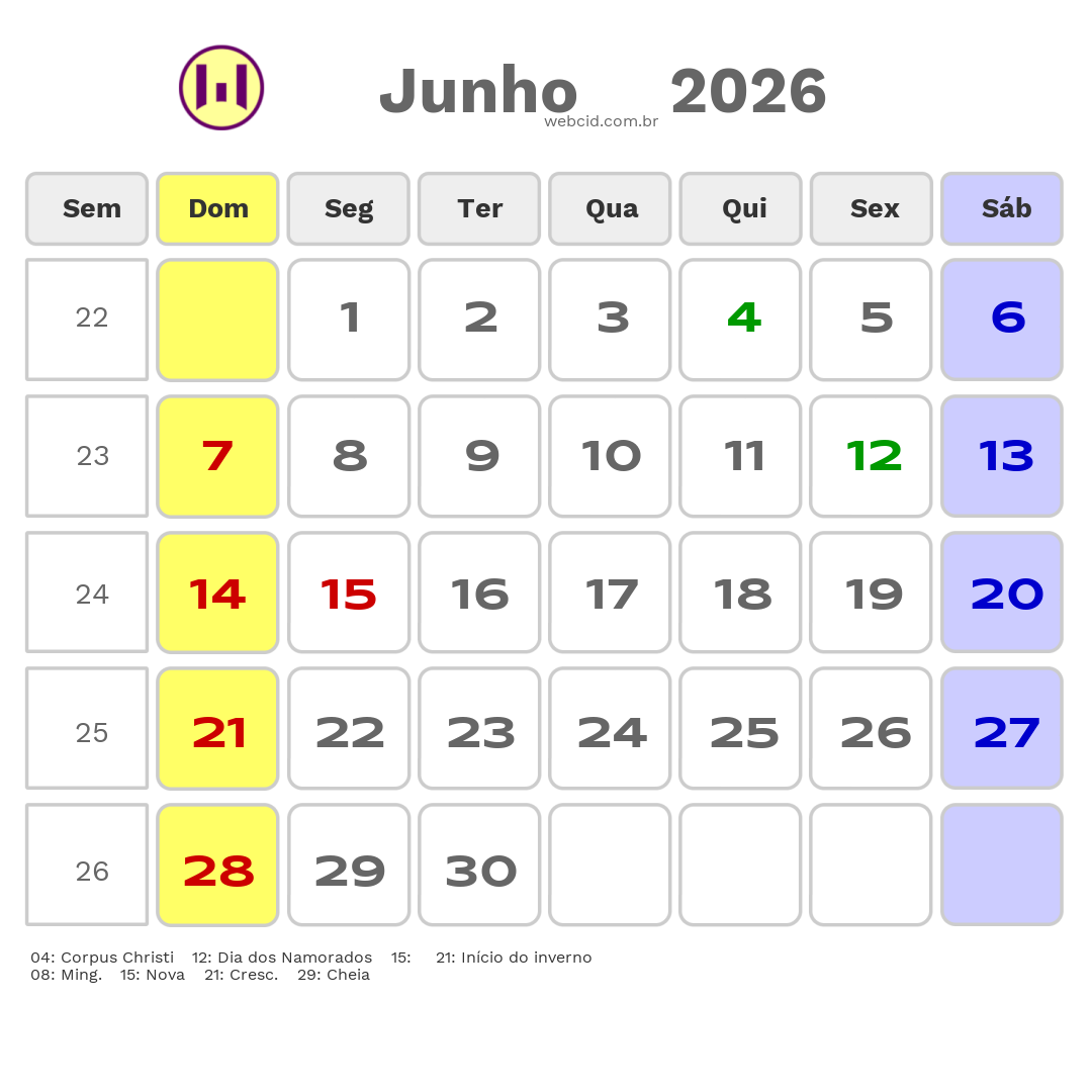 Calendário 2026 - Junho - Araguaina-TO com feriados e fases da lua