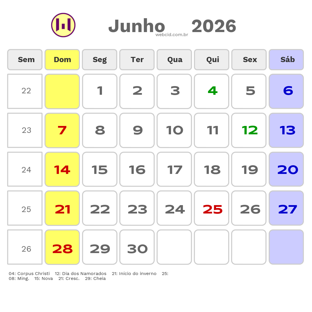 Calendário 2026 - Junho - Miracema do Tocantins-TO com feriados e fases da lua