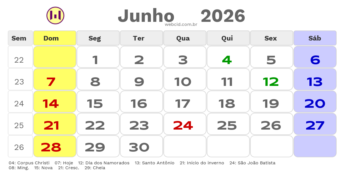 Calendário 2026 - Junho - Jequié-BA com feriados e fases da lua