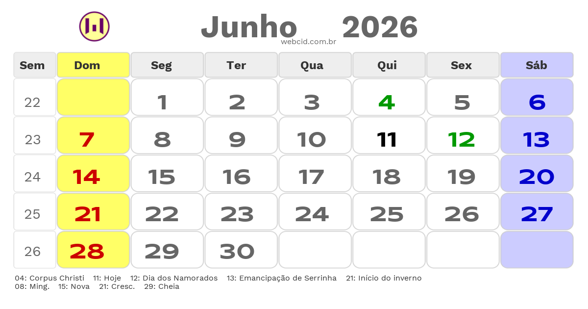 Calendário 2026 - Junho - Serrinha-BA com feriados e fases da lua
