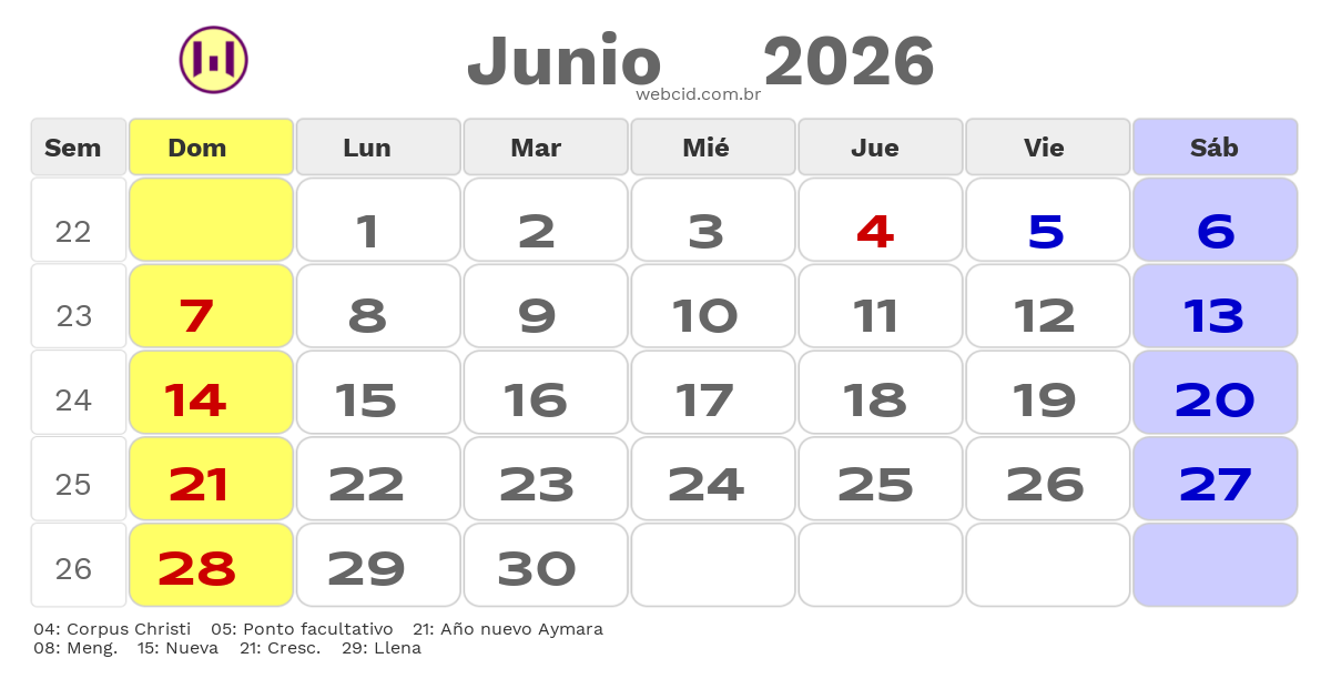 Calendario 2026 - Junio - Bolívia com feriados e fases da lua