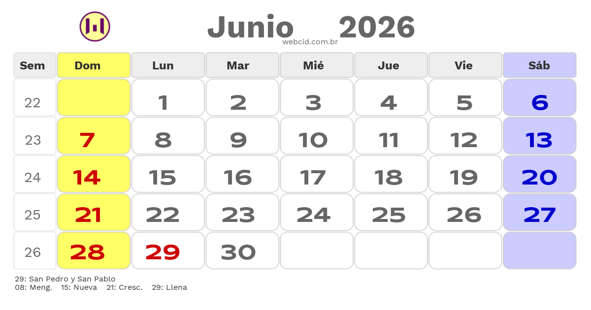 Calendario 2026 - Junio - Chile com feriados e fases da lua