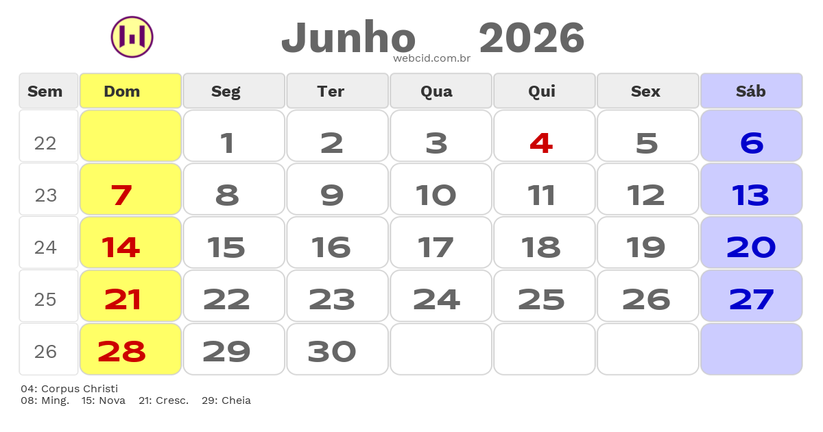 Calendário 2026 - Junho - Feriados Bancários com feriados e fases da lua