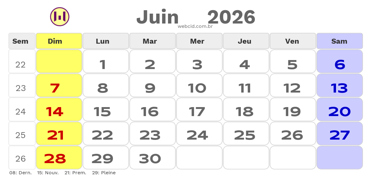 Calendrier 2026 - Juin - La France com feriados e fases da lua