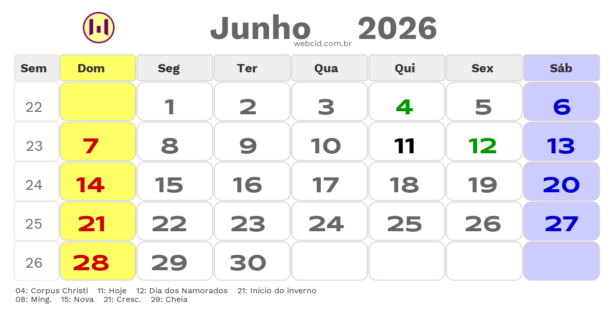 Calendário 2026 - Junho - Catalao-GO com feriados e fases da lua