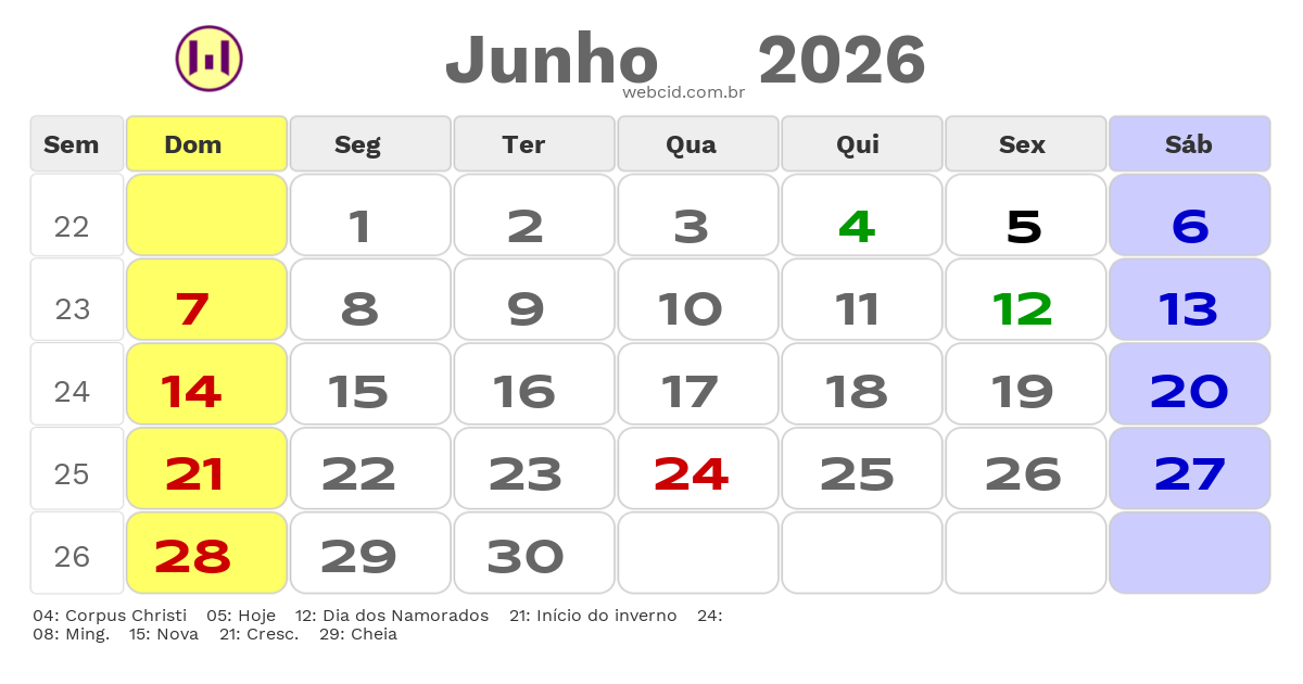 Calendário 2026 - Junho - Goianesia-GO com feriados e fases da lua