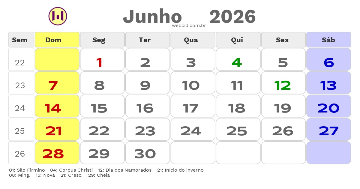 Calendário 2026 - Junho - Divinópolis-MG com feriados e fases da lua