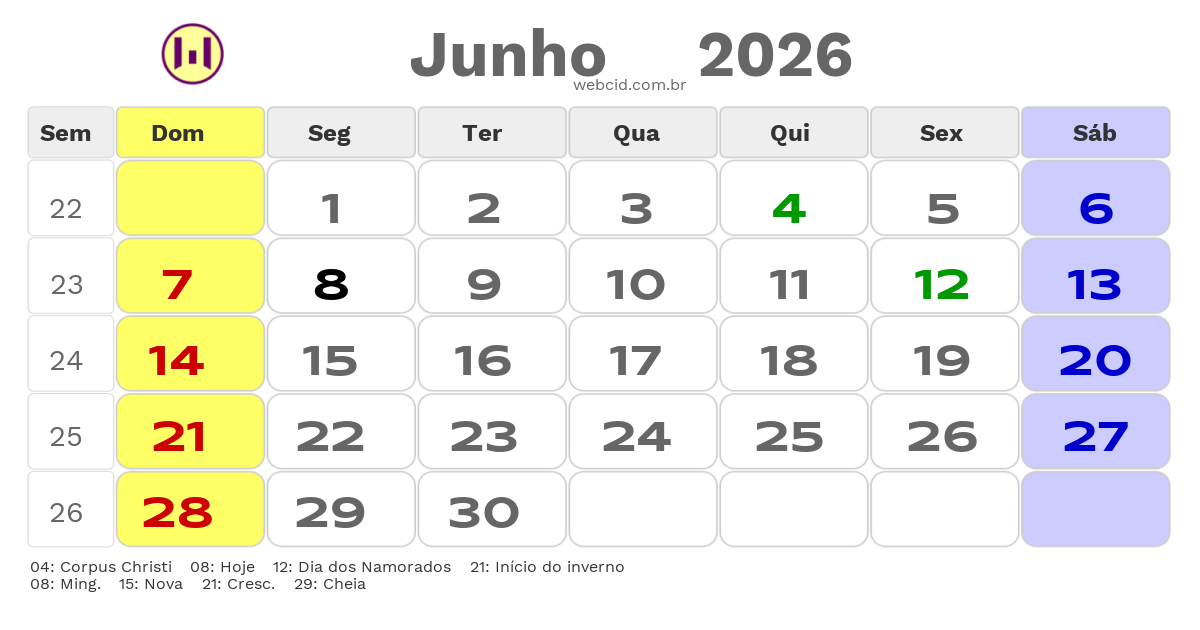 Calendário 2026 - Junho - Extrema-MG com feriados e fases da lua