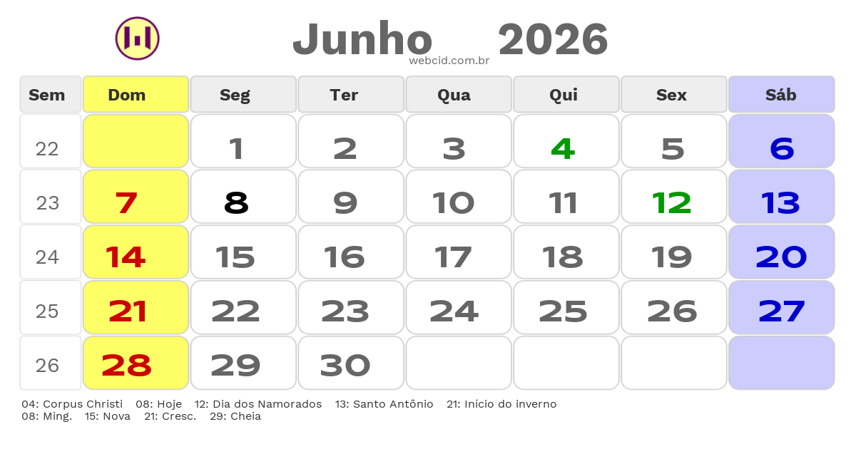 Calendário 2026 - Junho - Governador Valadares-MG com feriados e fases da lua