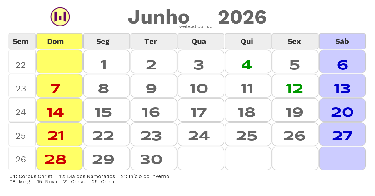 Calendário 2026 - Junho - Nova Lima-MG com feriados e fases da lua