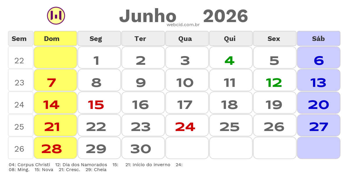 Calendário 2026 - Junho - Jacarau-PB com feriados e fases da lua