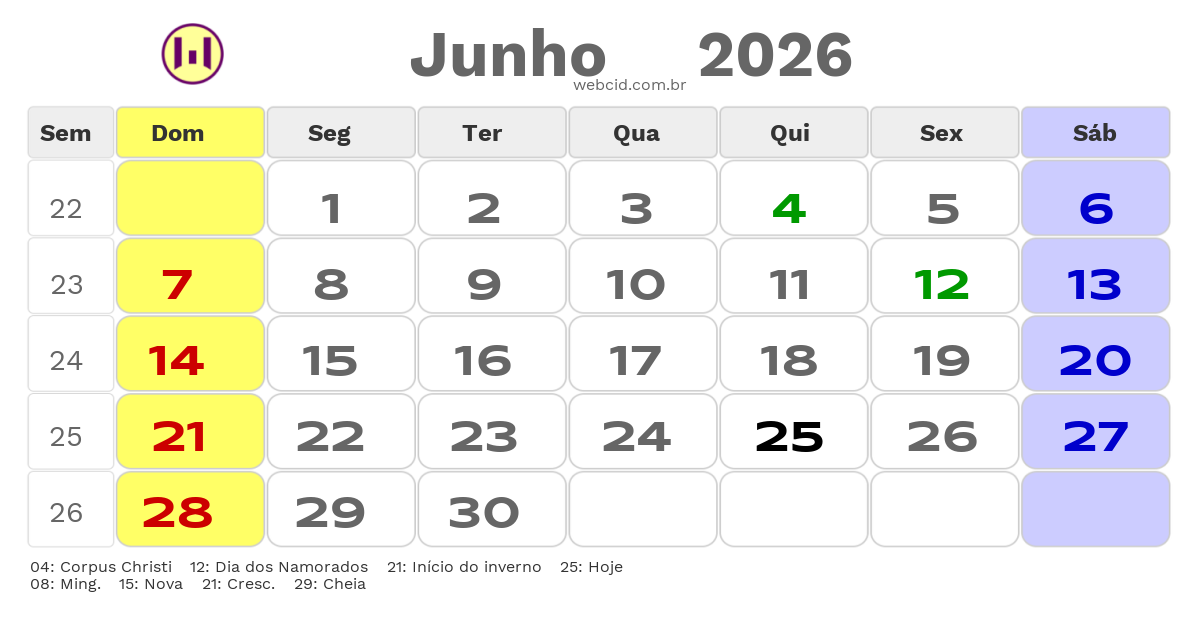 Calendário 2026 - Junho - Mangueirinha-PR com feriados e fases da lua
