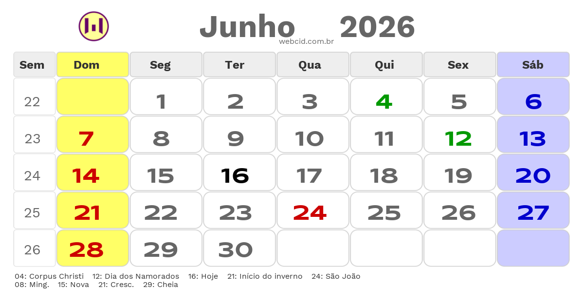 Calendário 2026 - Junho - Aliança-PE com feriados e fases da lua