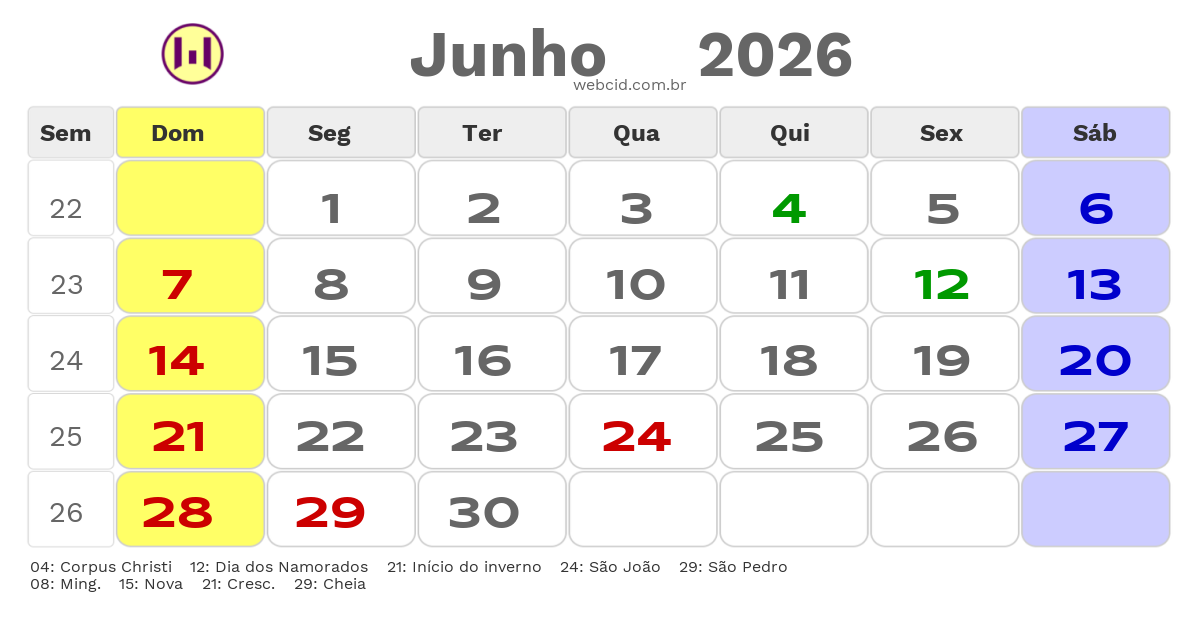 Calendário 2026 - Junho - Caruaru-PE com feriados e fases da lua
