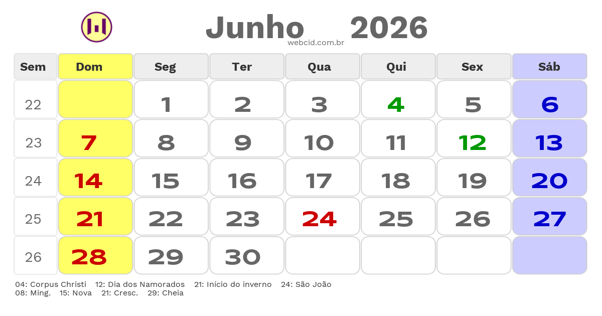 Calendário 2026 - Junho - Santa Cruz do Capibaribe-PE com feriados e fases da lua