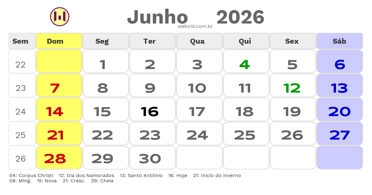 Calendário 2026 - Junho - Nova Iguaçu-RJ com feriados e fases da lua