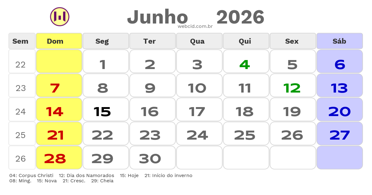 Calendário 2026 - Junho - Rio Claro-RJ com feriados e fases da lua