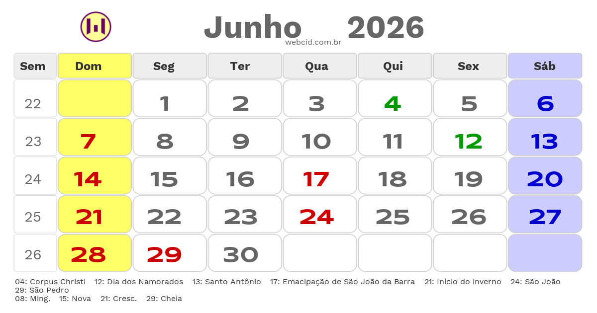 Calendário 2026 - Junho - São João da Barra-RJ com feriados e fases da lua