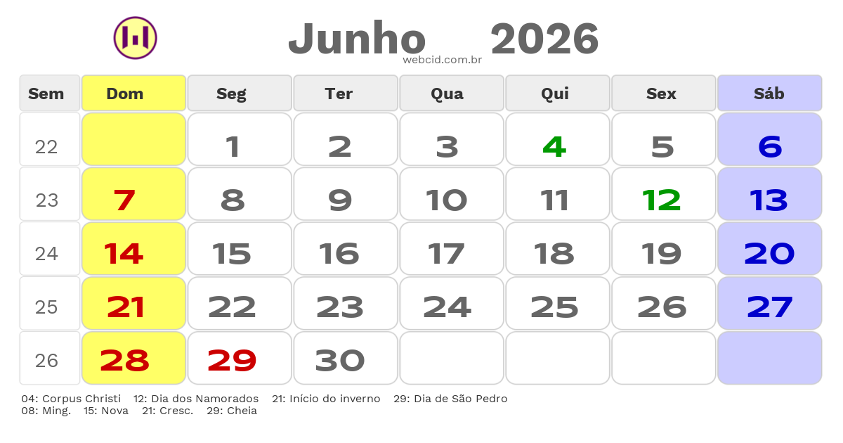 Calendário 2026 - Junho - Natal-RN com feriados e fases da lua