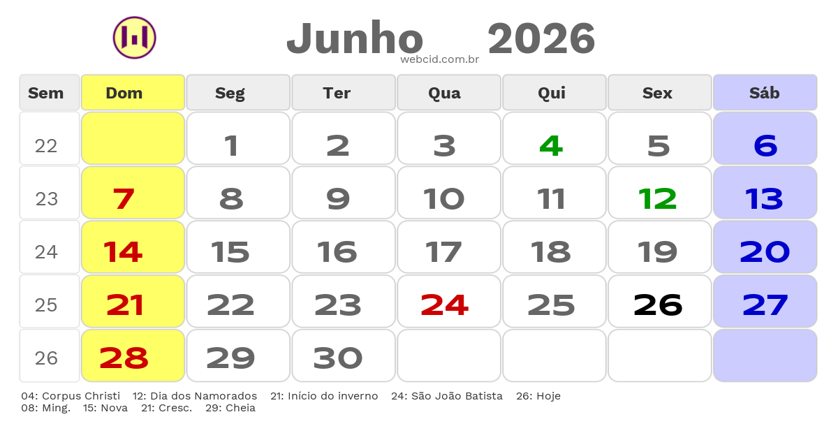 Calendário 2026 - Junho - Camaquã-RS com feriados e fases da lua