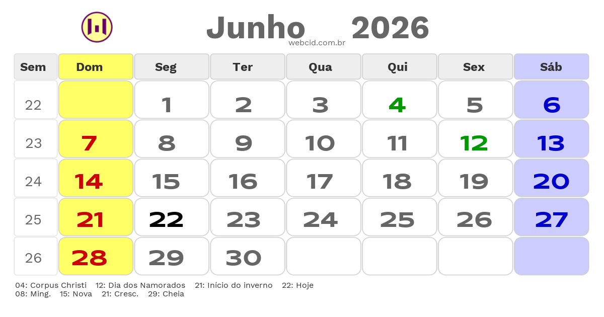 Calendário 2026 - Junho - Novo Hamburgo-RS com feriados e fases da lua