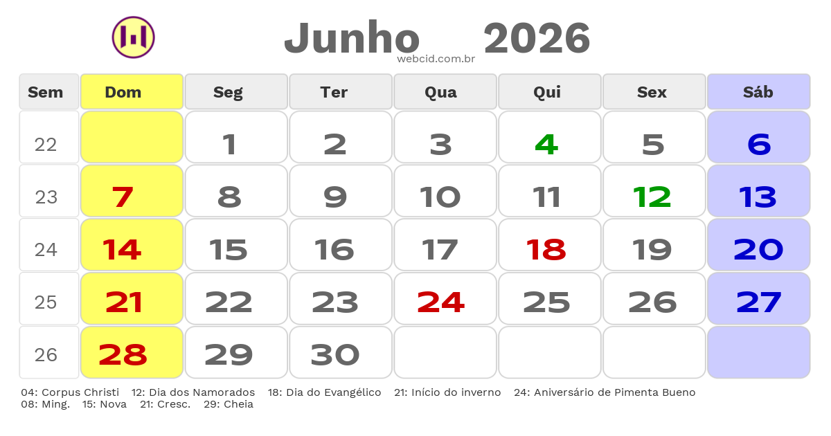 Calendário 2026 - Junho - Pimenta Bueno-RO com feriados e fases da lua