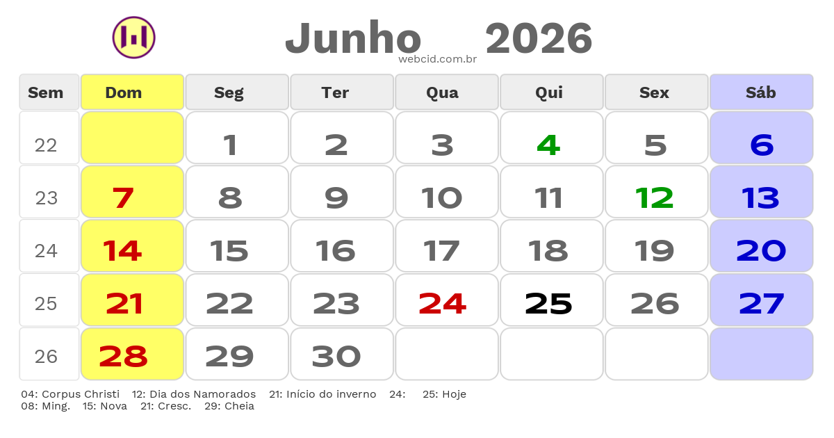 Calendário 2026 - Junho - Cananeia-SP com feriados e fases da lua