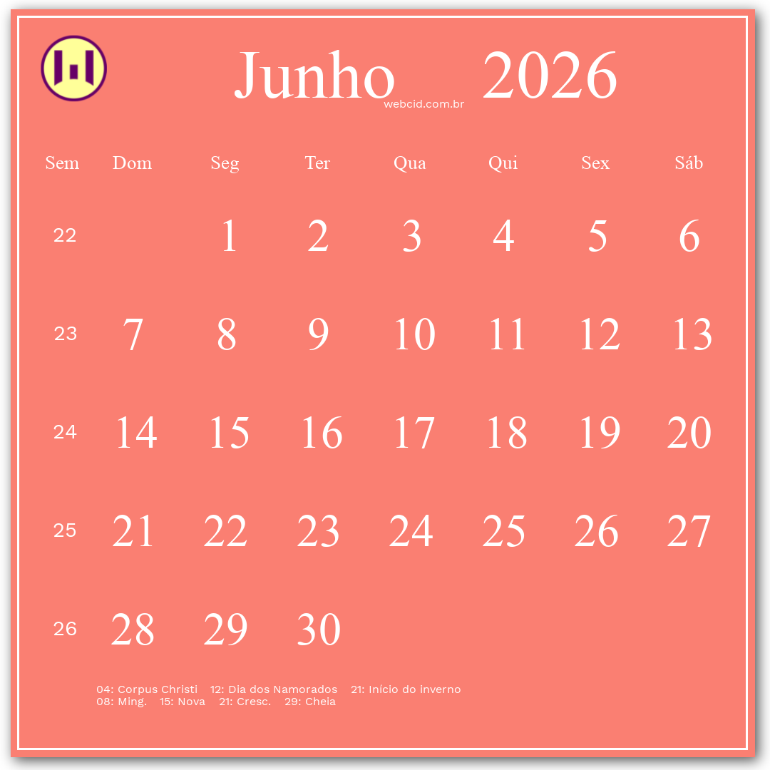 Calendário 2026 - Junho - Brasil com feriados e fases da lua