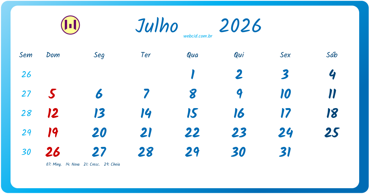 Calendário 2026 - Julho - Brasil com feriados e fases da lua