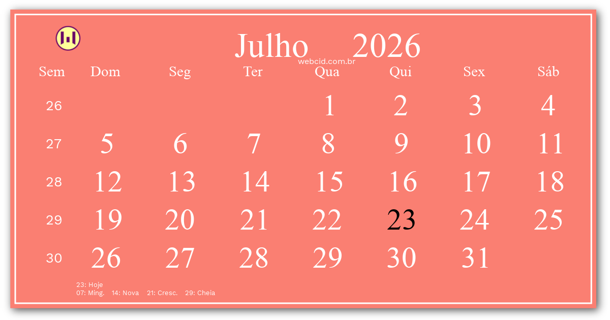 Calendário 2026 - Julho - Brasil com feriados e fases da lua