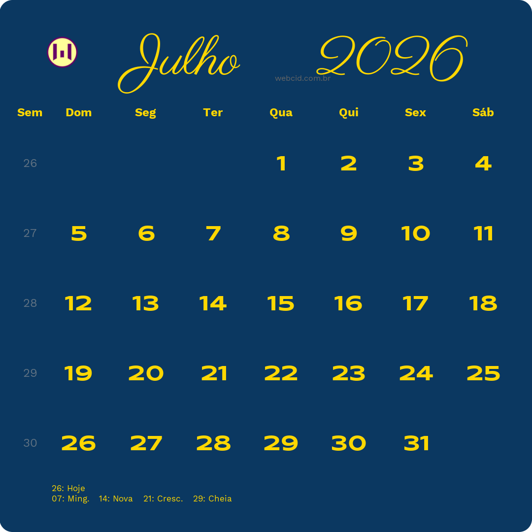 Calendário 2026 - Julho - Brasil com feriados e fases da lua