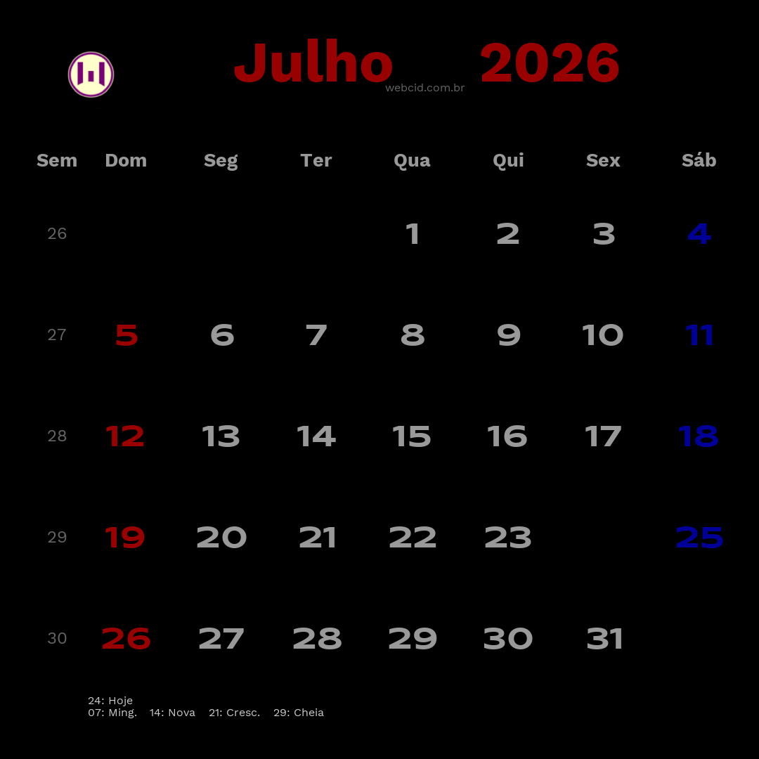 Calendário 2026 - Julho - Brasil com feriados e fases da lua