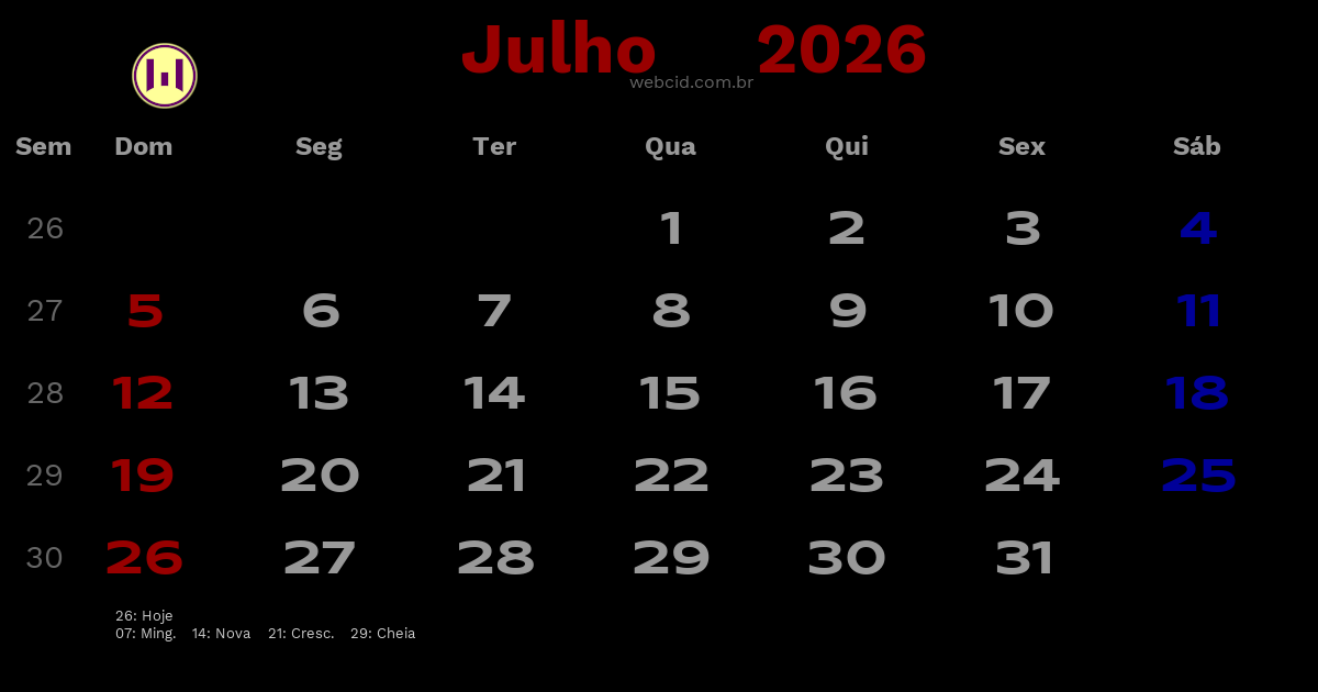 Calendário 2026 - Julho - Brasil com feriados e fases da lua