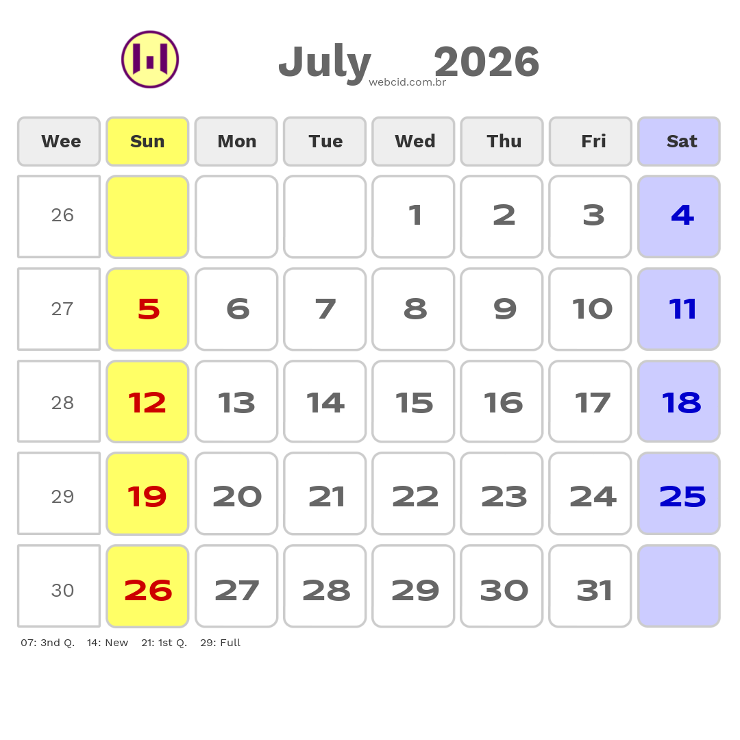 Calendar 2026 - July - Austrália com feriados e fases da lua