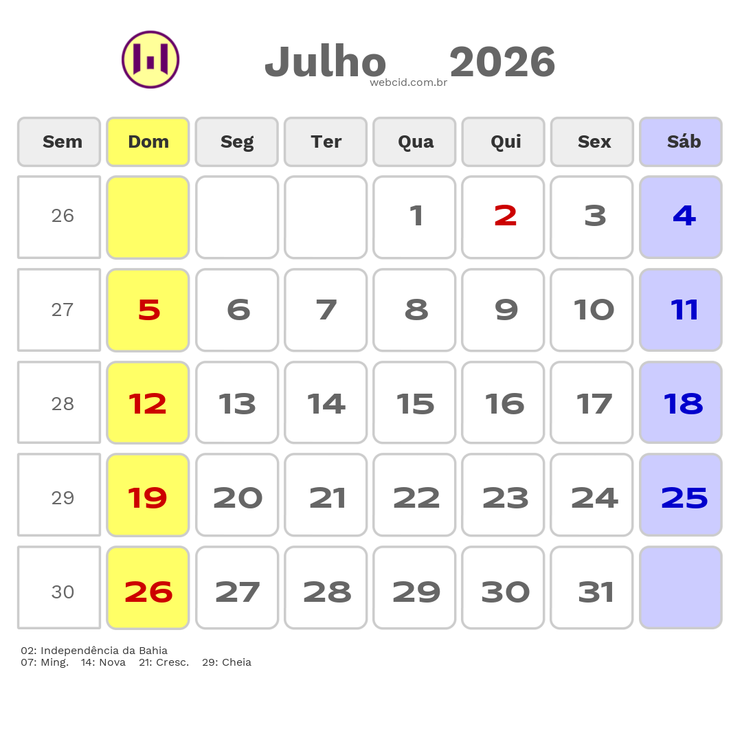 Calendário 2026 - Julho - Candeias-BA com feriados e fases da lua