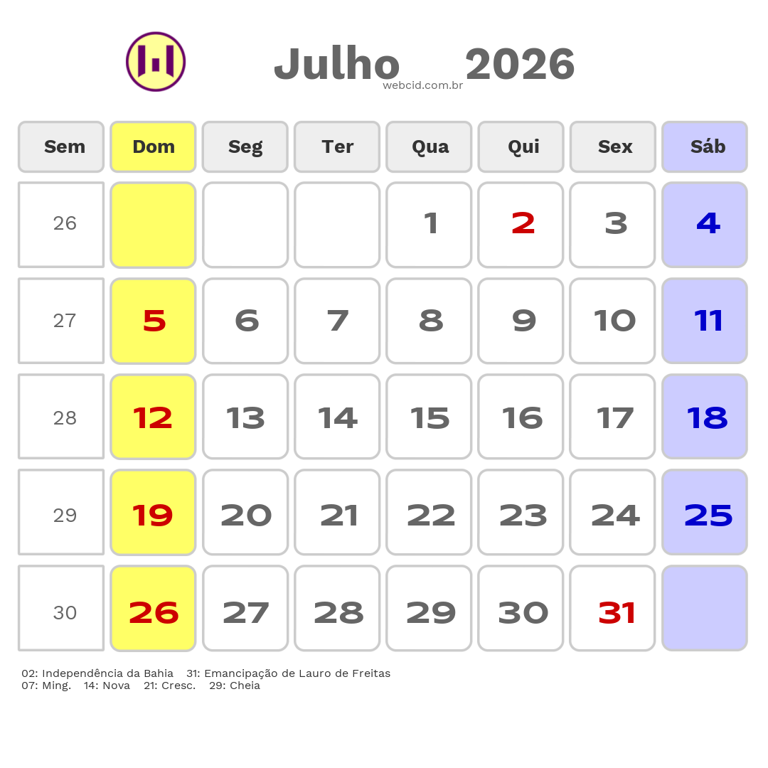 Calendário 2026 - Julho - Lauro de Freitas-BA com feriados e fases da lua