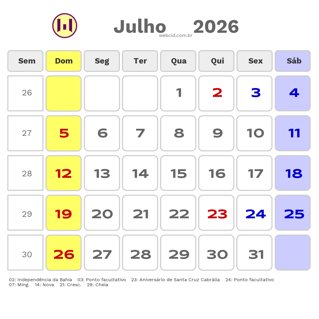 Calendário 2026 - Julho - Santa Cruz Cabrália-BA com feriados e fases da lua