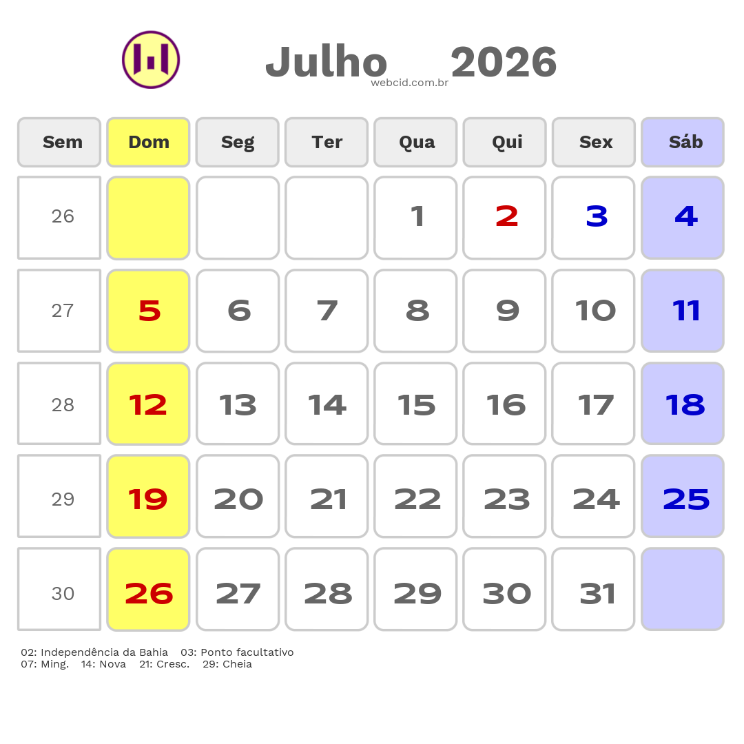 Calendário 2026 - Julho - Bahia com feriados e fases da lua