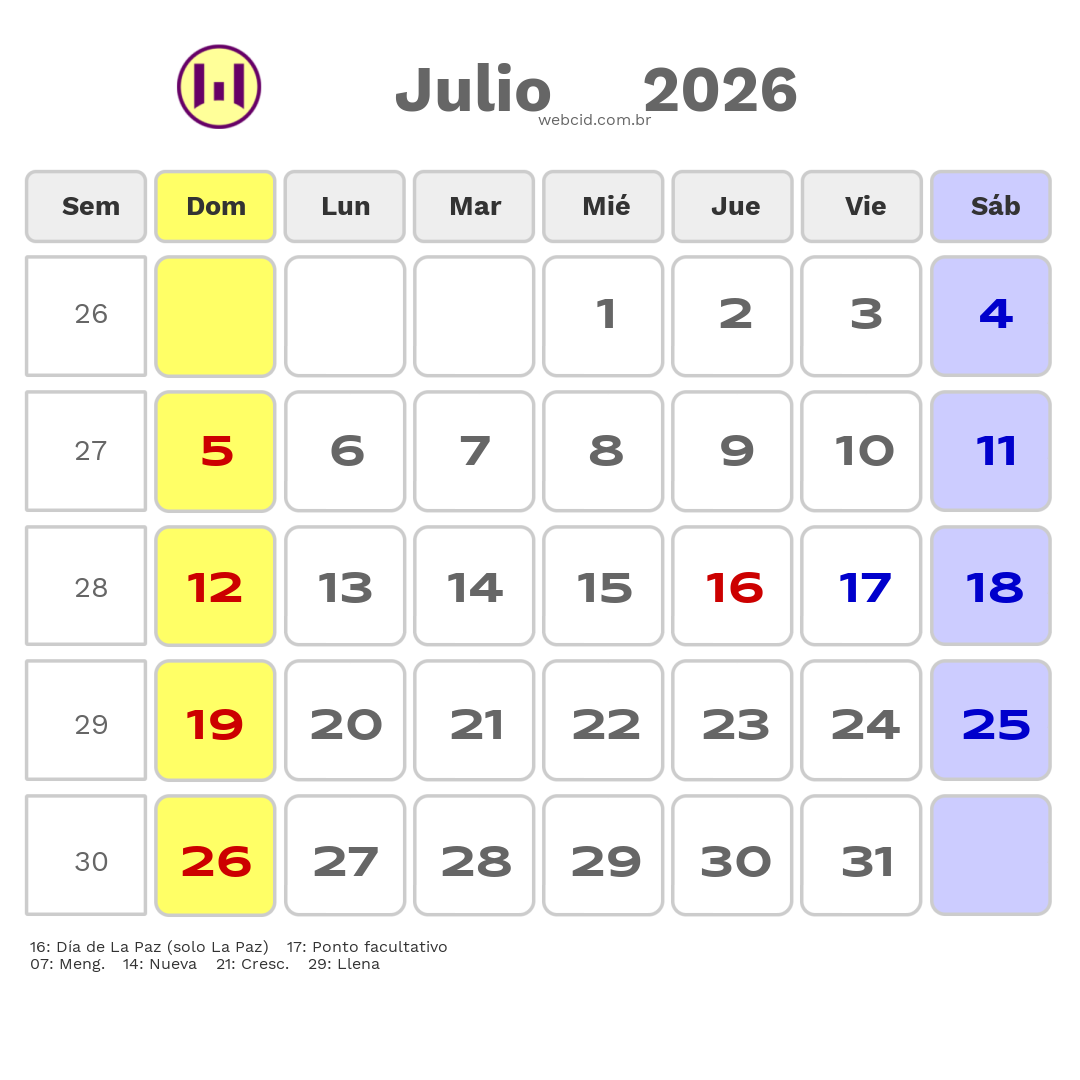 Calendario 2026 - Julio - Bolívia com feriados e fases da lua