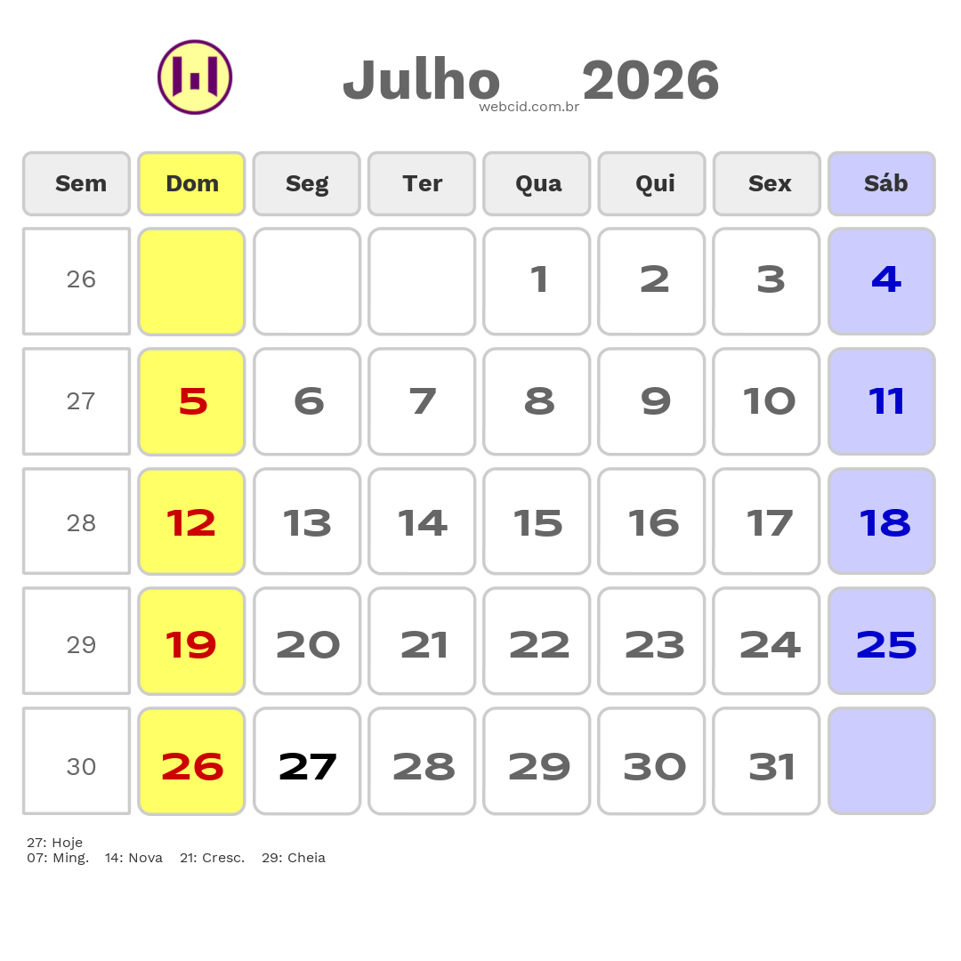Calendário 2026 - Julho - Feriados Bancários com feriados e fases da lua