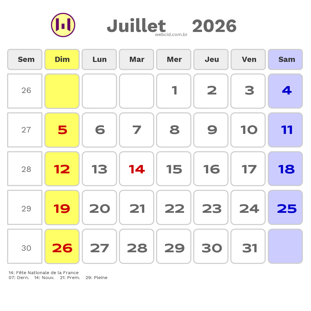 Calendrier 2026 - Juillet - La France com feriados e fases da lua