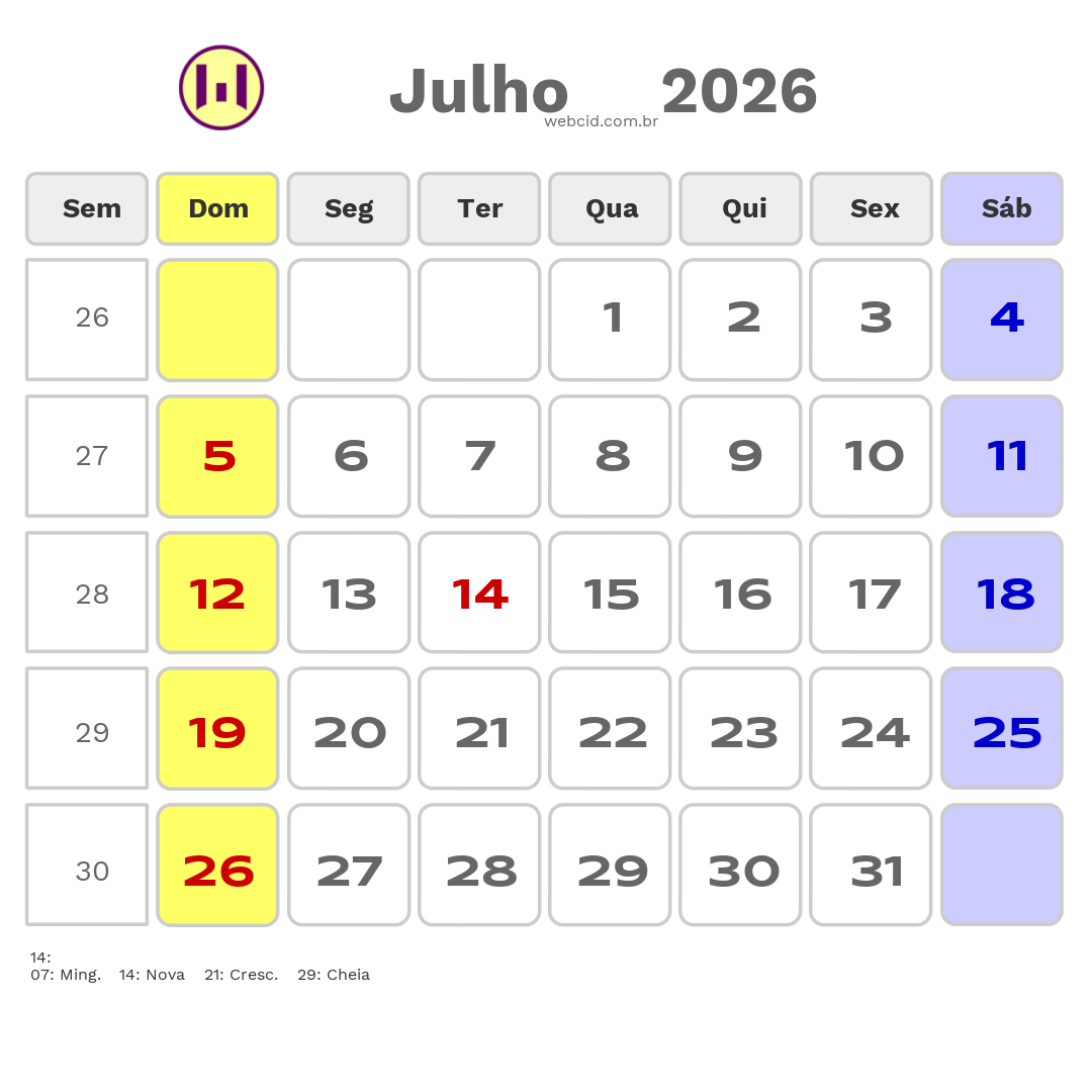 Calendário 2026 - Julho - Goianesia-GO com feriados e fases da lua
