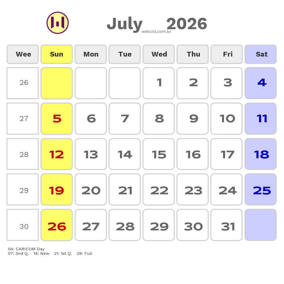 Calendar 2026 - July - Guyana com feriados e fases da lua