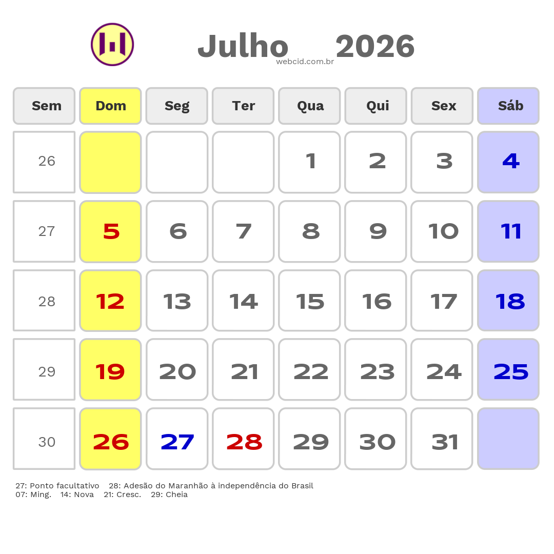 Calendário 2026 - Julho - Caxias-MA com feriados e fases da lua